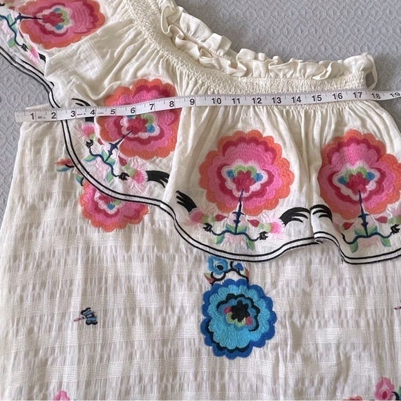 Anthropologie One Shoulder Sundress Ruffles Embroidered Floral Tan Pink Size S - Picture 10 of 13